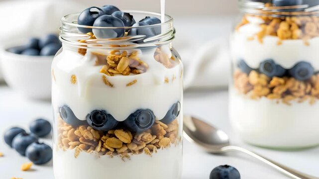 Yogurt Parfait with Granola and Blueberries in Glass Jars on White Surface