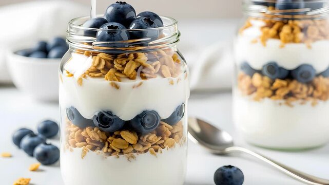 Yogurt Parfait in Glass Jar Featuring Blueberries and Granola on White Background