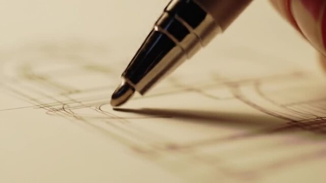 Closeup of a hand drawing precise architectural plans with a pen on graph paper