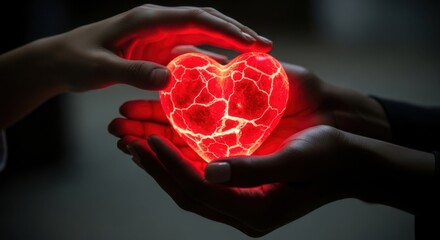 Two hands gently holding a glowing, vibrant red heart, representing love and shared emotion