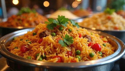 Spicy vegetable biryani served in stainless steel dish, aromatic basmati rice mixed with peas, tomatoes, herbs. Colourful, delicious meal perfect for festive events, parties, catering services,