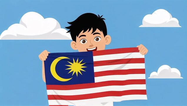 Animated vector of a boy waving Malaysian flag