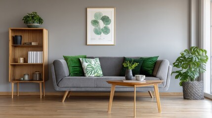 real photo of grey lounge with green cushion wooden coffee table simple poster on the wall and cupboard with books in bright sitting room interior no logos no brands ar 169