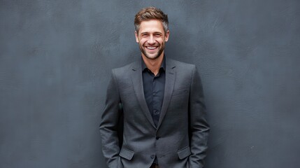 business people and office concept  happy smiling businessman in dark grey suit no logos no brands ar 169