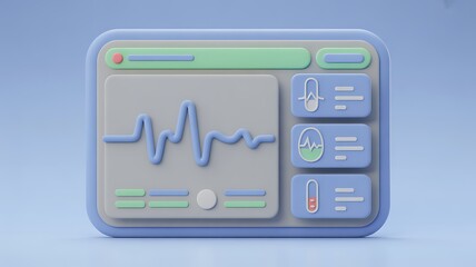 3D Medical Data Monitoring Interface Displaying Patient Health Information and Vital Signs with Pastel Color Palette