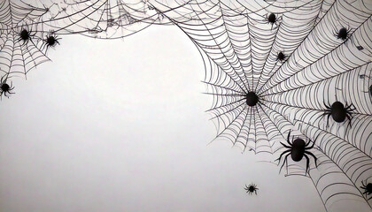 Halloween spiderweb border with hanging spiders. Vector isolated on white spooky background for october night party and invitations, copy space.