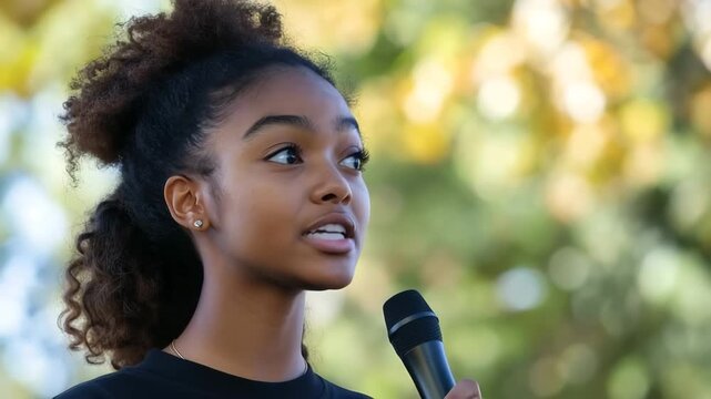 Young woman speaking with microphone outdoors 4K
