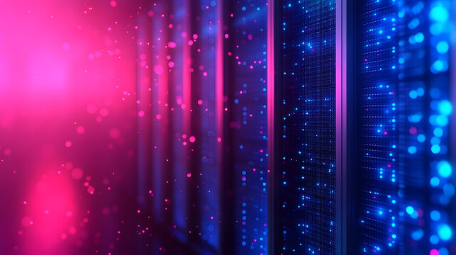 Abstract Server Room with Pink and Blue Glowing Lights