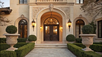 Fototapeta premium Elegant mediterranean mansion entrance with ornate archway and landscaped gardens