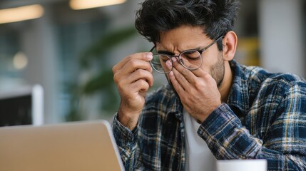 young indian eastern tired exhausted business man rubbing eyes sitting in modern home office with laptop on desk overworked burnout academic hispanic student with glasses in hand feeling eyestrain no