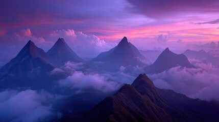 Misty mountain peaks at sunset