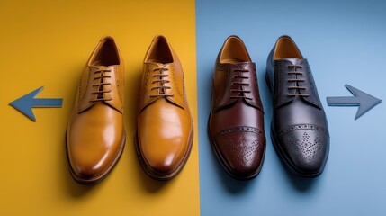 mens shoes and two arrows in different directions no logos no brands ar 169