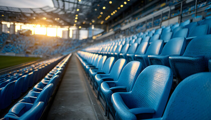 Fototapeta premium Rows of empty blue stadium seats in VIP area. Arena seating for football match or soccer game. Spectators await event in comfortable, exclusive luxury venue.