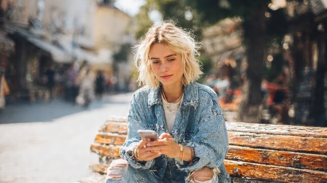 young blonde woman on vacation sitting on bench using smartphone at street of city no logos no brands ar 169