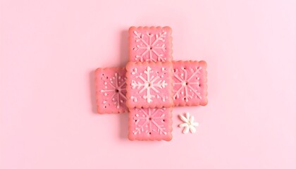 Pink snowflake cookies arranged in a plus sign on a pink background, with a small white flower