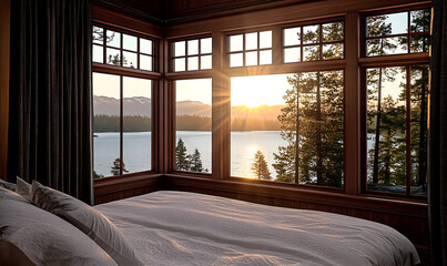 Lakeside Bedroom Retreat: Sunrise View Through Paned Windows, Se