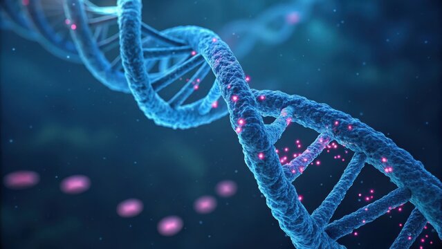 Abstract 3d rendering of a blue dna double helix with glowing pink particles
