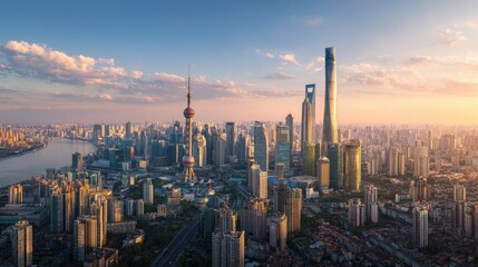 Naklejka premium aerial view of modern city skyline and buildings at sunrise in shanghai no logos no brands ar 169
