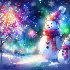 Obraz premium Whimsical Watercolor Snowmen: Festive Winter Wonderland, Magical Christmas Lights