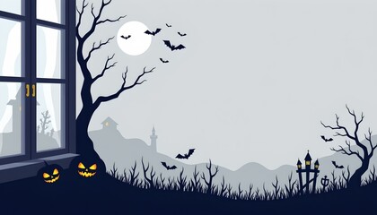 A Halloween themed night scene with a spooky, whimsical atmosphere. A house is depicted with its facade adorned in spooky elements such as cobwebs and skeletal figures