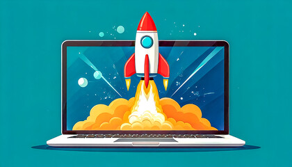 Creative laptop and rocket with smoke and blast lift off up, . Boosting applications and creative idea concept. Launching the spaceship rocket from a laptop screen. Startup and rapid growth.