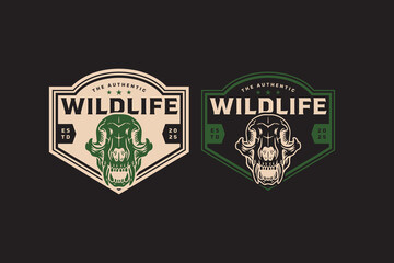 Wild bear skull animal retro badge logo vector design set for adventure and outdoor. Hunting wildlife vintage emblem logo graphic collections. Authentic animal skull illustration label element designs