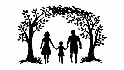 Family Walking Under Tree Silhouette