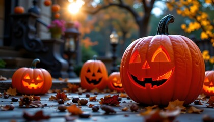 Fototapeta premium The photo features a Halloween themed setting with a carved jack o' lantern prominently displayed on a sidewalk in front of autumn leaves
