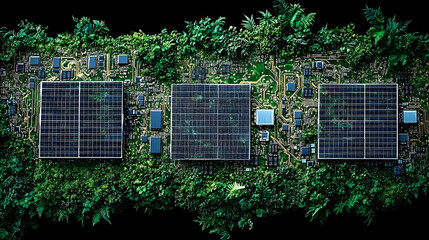 Green Energy Circuit Board with Solar Panels Embedded in Lush Fo