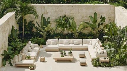 Luxurious outdoor lounge area with modular sofa and lush tropica