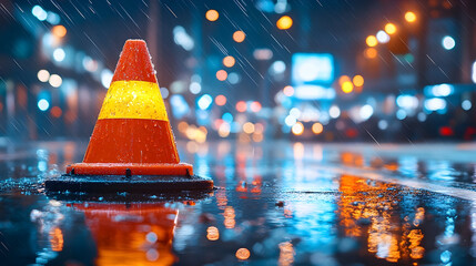 Rain-soaked traffic cone reflects city lights on a blurred, wet