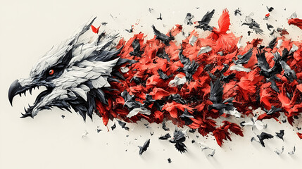 Abstract Eagle Head with Exploding Birds in Red, Black, and Whit
