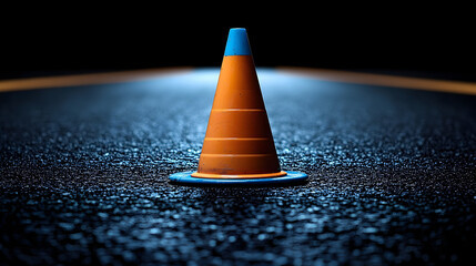 Orange Traffic Cone Illuminated on Dark Road with Blue Accents a