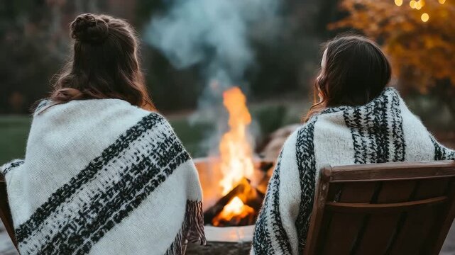 Two People Sitting by Campfire Wrapped in Blanket Autumn Evening 4K
