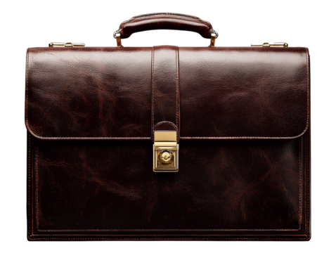 Angled Side View of Leather Briefcase with Gold Hardware, Showing Depth and Texture, Isolated on Transparent Background