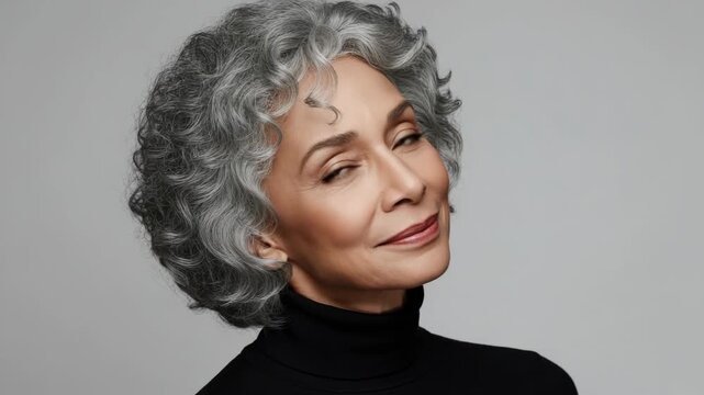 Elegant portrait of a beautiful senior woman with gray curly hair, wearing a black turtleneck, isolated on gray background in a studio shot