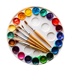 Obraz premium Watercolor paint palette with brushes isolated on transparent background