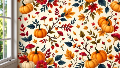 An autumnal themed wallpaper with vibrant pumpkins in various shades of orange. It appears to be a cozy indoor setting with a window allowing natural light to enter the room.
