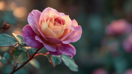 Beautiful rose blooms softly in a serene garden at sunrise, showcasing delicate petals and a stunning color gradient