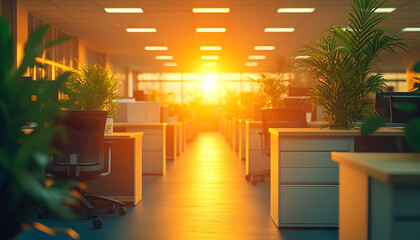 Golden Hour in a Modern Office: Desks, Plants, and Warm Sunlight