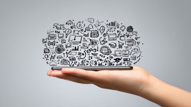 hand holding smartphone with hand drawn media icons and symbols concept no logos no brands ar 169