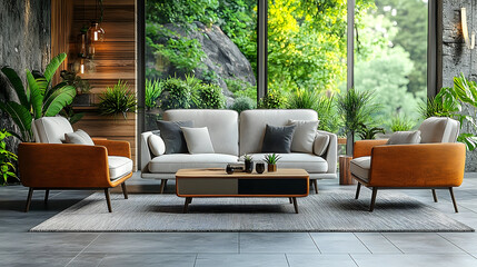 Serene Living Room with Lush Greenery and Modern Furniture