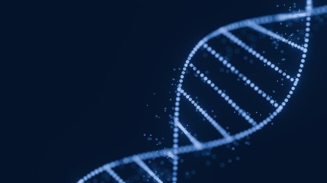 Glowing Blue DNA Double Helix Made of Light Particles on Dark Background Representing Genetics, Biotechnology, Molecular Science, Research, and Medical Innovation. created using non-AI 3d software
