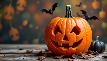 A classic Halloween scene featuring a jack o' lantern with the carved face of a smiling pumpkin