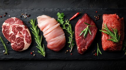 different types of raw pork meat and beef on the black chalkboard no logos no brands ar 169