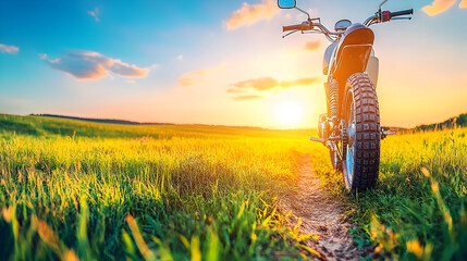 Motorcycle on a Grassy Path at Sunset, Golden Hour, Adventure, F