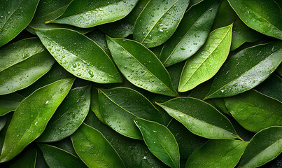 Lush green leaves with glistening water droplets creating a fres