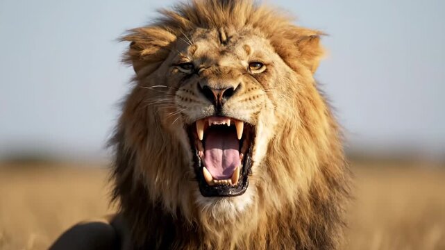 Majestic African Lion Roaring - A close-up shot of an African lion with its mouth open in a powerful roar, showcasing its sharp teeth and intense gaze.