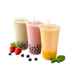 Three refreshing bubble tea drinks with fruit and tapioca pearls isolated on transparent background