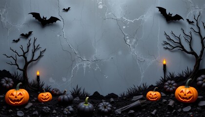 This is an artistic image of a Halloween themed background. It features a cracked wall with a nighttime sky above, and two trees with silhouettes of bare branches